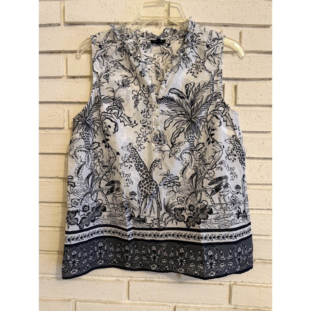 Talbots Lg Petite Black White Giraffe Safari Print Cotton Sleeveless Ruffle Top